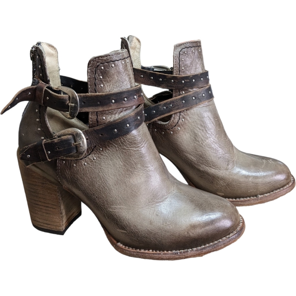 Freebird Lion Rainbow Booties 9 Taupe Brown Leather Strappy Studded Stack Heel